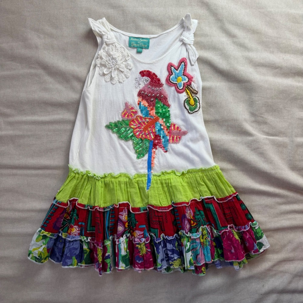 Antica Sartoria Giacomo Cinque Girls Parrot Sequin Tiered Ruffle Dress Size 6